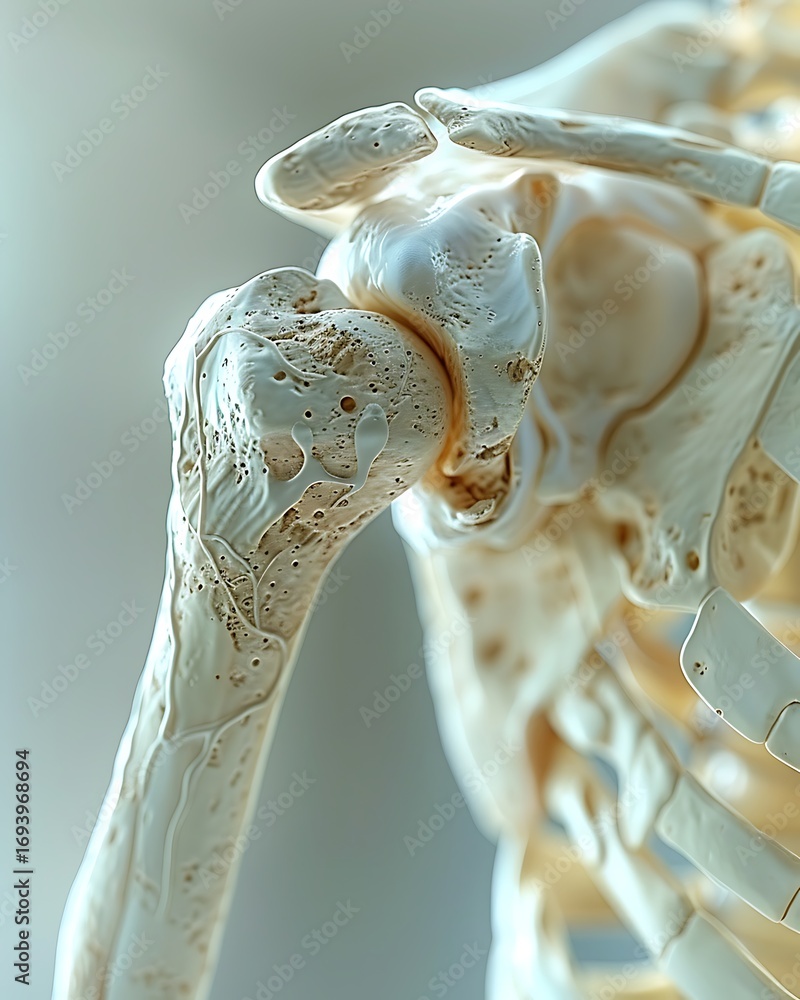 Obraz premium Human Shoulder In Transparent Overlay. Anatomy Includes Humerus, Scapula, Clavicle Bones, Rotator Cuff Muscles, Ligaments, And Vascular