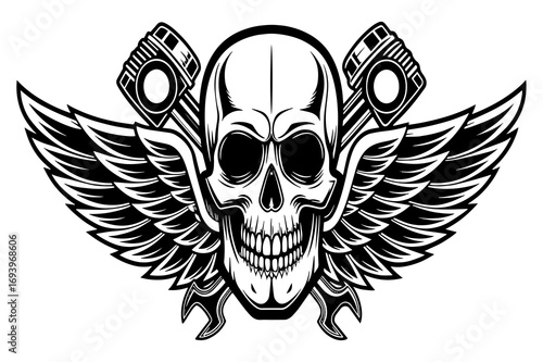 Winged Skull with Pistons Illustration