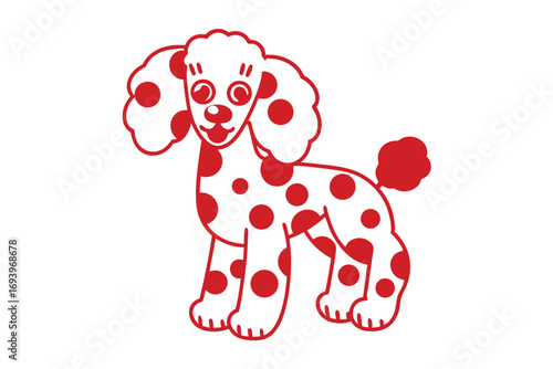 Cheerful white cartoon poodle is covered with large red polka dots and smiles playfully
