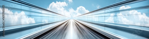 Dynamic perspective shot of rails converging under a blue sky with wispy clouds, creating a sense of forward motion and speed