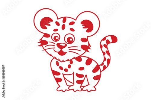 Cute baby jaguar outlined in red with spots stands alert on a white background