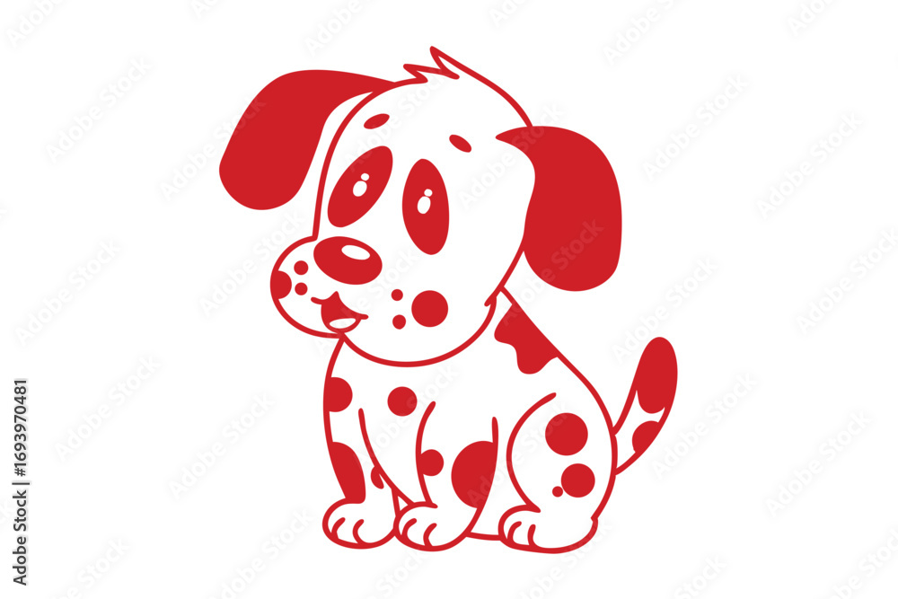 Fototapeta premium Cute cartoon puppy sitting with red spots and cheerful expression looking to the side