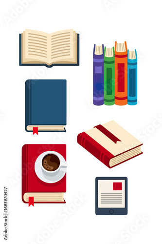 Books and e reader flat illustration