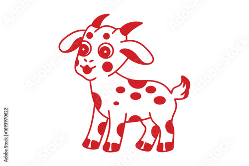 Cute cartoon red spotted goat stands cheerfully on white background waiting to play