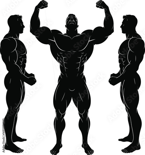 Bodybuilder silhouette posing strong muscular physique, male fitness figure flexing muscles, bodybuilding icon for strength, workout, gym, health illustrations.