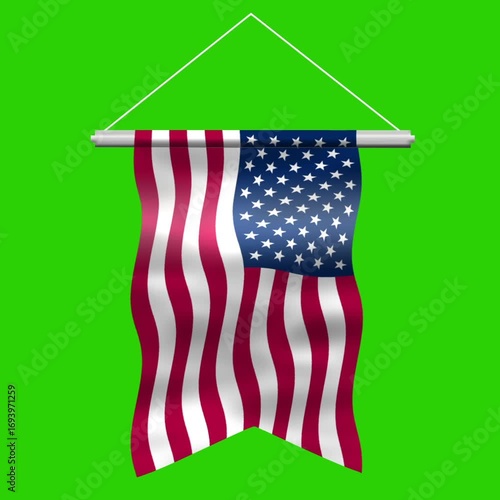 USA Flag Banner Waving Green Screen Video Animation Isolated on Chroma Key Background