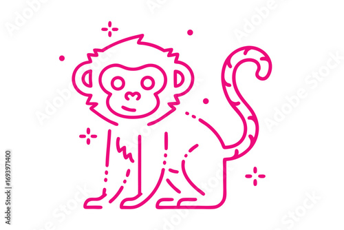 Cute monkey line art with simplistic design outlined in pink sits patiently waiting