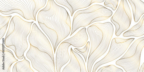 Elegant vector illustration, golden floral patterns, abstract leaves, geometric ornaments, modern yet vintage botanical design. The background is perfect for premium wallpapers, cards, banners, print.