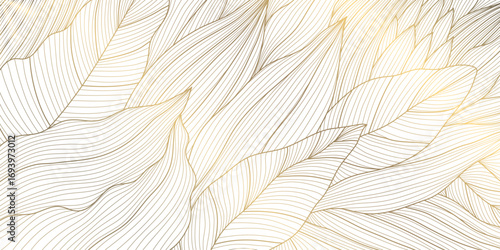 Elegant vector illustration, golden floral patterns, abstract leaves, geometric ornaments, modern yet vintage botanical design. The background is perfect for premium wallpapers, cards, banners, print.