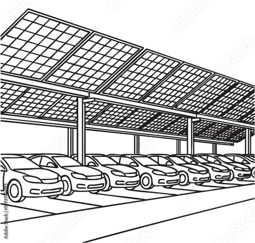 Line sketch illustration of parking lot with solar panel