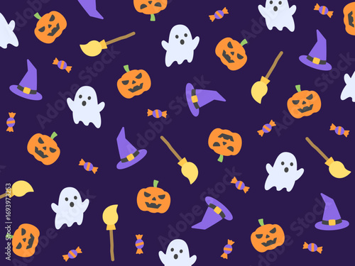 Playful Halloween pattern with pumpkins, cute ghosts, flying brooms, witch hats, and colorful candies scattered across a deep dark purple background.