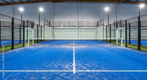 Empty padel court glass structure shown in photorealistic wide view