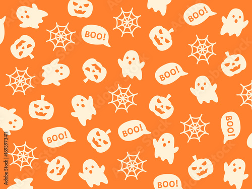 Festive Halloween pattern of glyph-style icons with cute ghosts, spider webs, and pumpkins scattered across a rich orange background for a warm spooky mood.