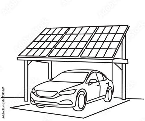 Parking car with solar panel vector. Line icon, logo, sketch