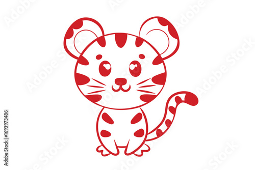 Cute red cartoon tiger cub sits peacefully with sweet eyes on a white backdrop