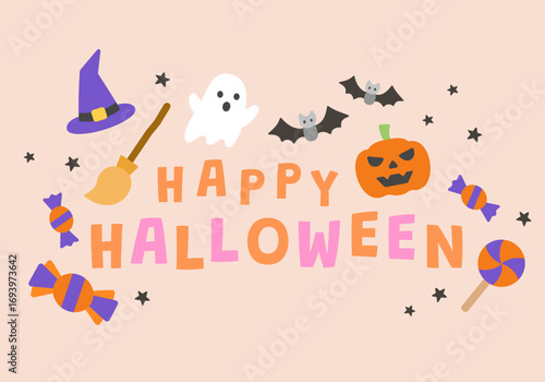 Happy Halloween background or greeting card with cute ghost, witch hat, flying broom, bat, pumpkin, and colorful candies scattered on a soft peach backdrop for a playful spooky celebration.