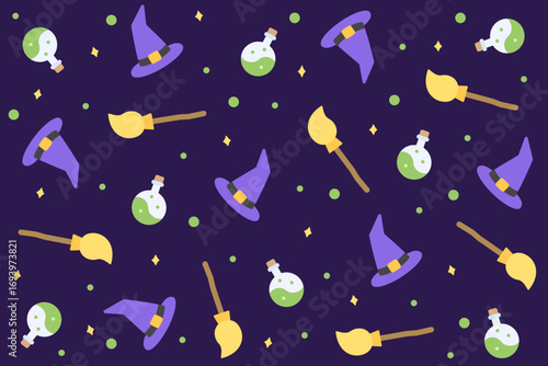 Magical Halloween pattern of witch hats, flying brooms, and glowing poison bottles on a rich dark purple background, perfect for an enchanting spooky theme.