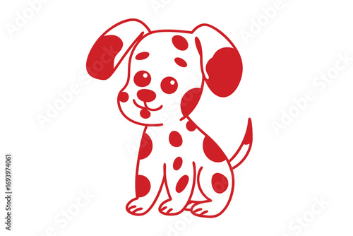 Cute red spotted puppy sits patiently with a cheerful smile on white background