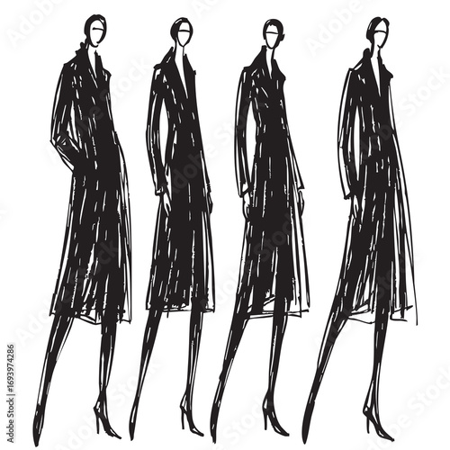 Fashion models silhouettes, hand drawn sketch. Abstract long female person, contemporary design, vector illustration
