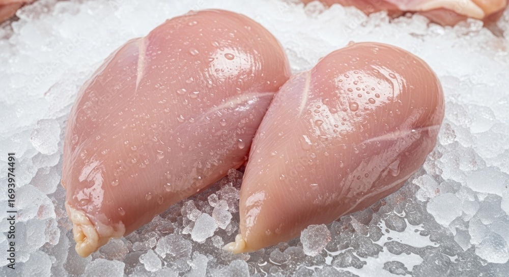 Fototapeta premium Two raw chicken breasts resting on crushed ice, showing their natural color and texture, awaiting preparation