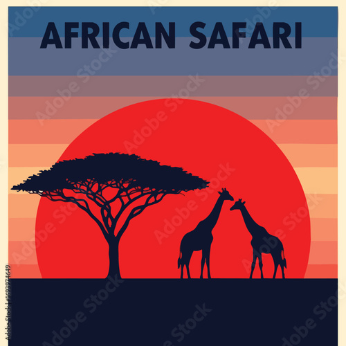 Silhouette of Giraffes and Acacia Tree at Sunset.