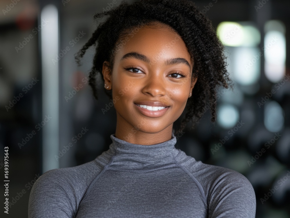Fototapeta premium Happy young African American woman smiling in gym during daytime