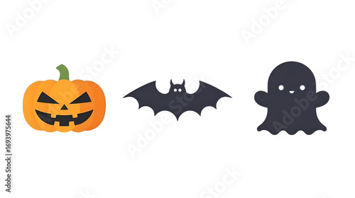 Jack o' lantern bat and ghost Halloween icons Simple cartoon style illustrations