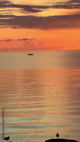 Sunset sky reflecting in the Baltic sea, view from the sandy shore in Sweden.