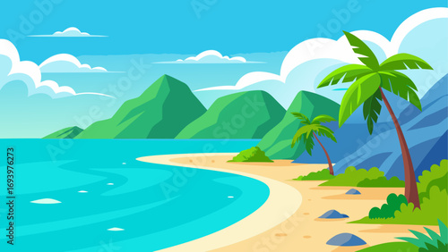 Cartoon tropical beach with palm trees view
