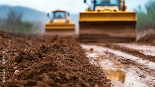A close-up view of freshly disturbed dirt, with large construction vehicles in the background, indicating an active site under cloudy skies.