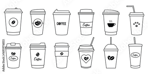 Cup line icon set. Disposable coffee cup. beverage, tea, coffee cup icon/symbol. Coffee paper cup, plastic container for hot and cold drink, juice, tea. Vector illustration. 