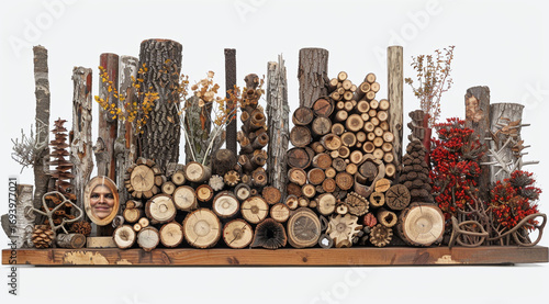 firewood in a box,Four rustic wooden stumps on white background.