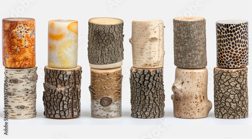 Four rustic wooden stumps on white background.
