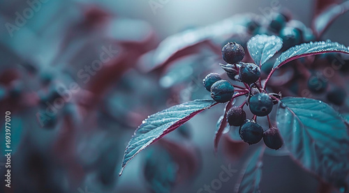 close up of a spider on a black background,Close-up of dew-covered leaves and berries on a branch in soft sunlight. Perfect for nature, health, and wellness content.