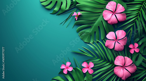 pink flowers background,Vibrant tropical flowers and lush green leaves on a blue background
