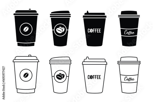  paper Coffee cup icons. Disposable coffee cup. Coffee paper cup, plastic container for hot and cold drink, juice, tea. Vector illustration . eps 10