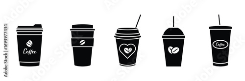  paper Coffee cup icons. Disposable coffee cup. Coffee paper cup, plastic container for hot and cold drink, juice, tea. Vector illustration . eps 10