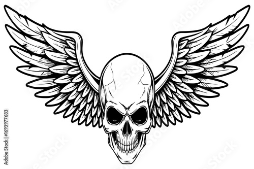 Winged Skull Illustration – Gothic Biker Emblem, Tattoo Style Skeleton Design 