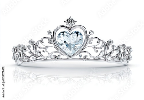 Silver tiara with heart-shaped gem centered, ornate silver scrollwork, on white background, with soft reflection