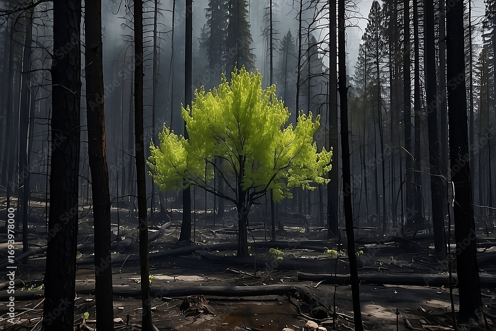 Fototapeta premium Green Tree Amidst Burnt Forest, Resilience in Nature