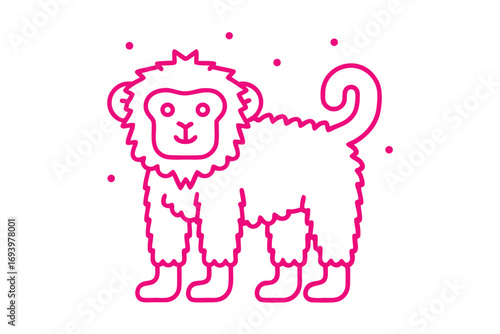Furry pink monkey stands cheerfully amid scattered dots on a clean white background