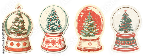 Retro Christmas Snow Globe Stickers Set with Evergreen Trees