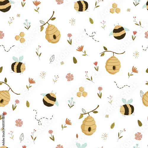 Cartoon doodle cute bees vector seamless pattern. Cute seamless pattern with flying bees, flowers and honey on a white Background children's print for textiles.