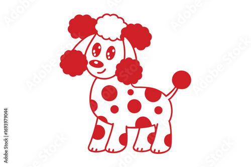 Happy cartoon red and white poodle with spotted body smiles adorably standing still