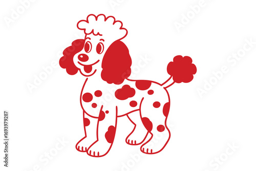 Happy outlined poodle with red spots smiles sweetly on a plain white background