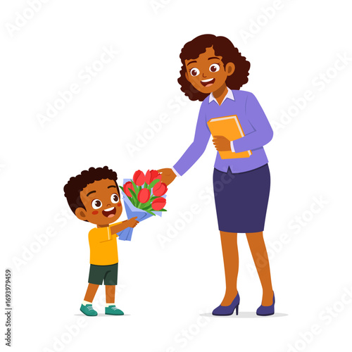 African Teacher Receiving Flowers from Student with Happy Expression in Cartoon Illustration Style