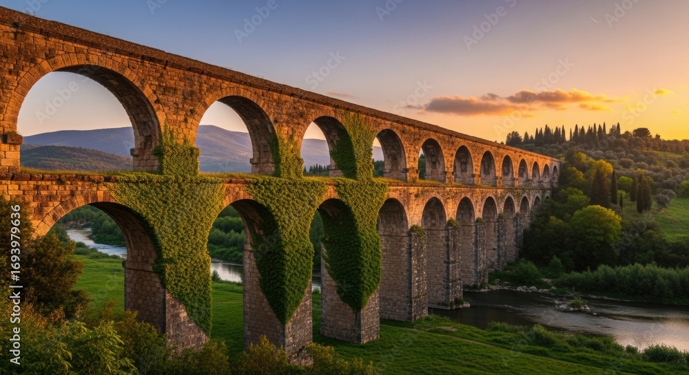 Obraz premium Ancient stone aqueduct with ivy at sunset in scenic countryside landscape