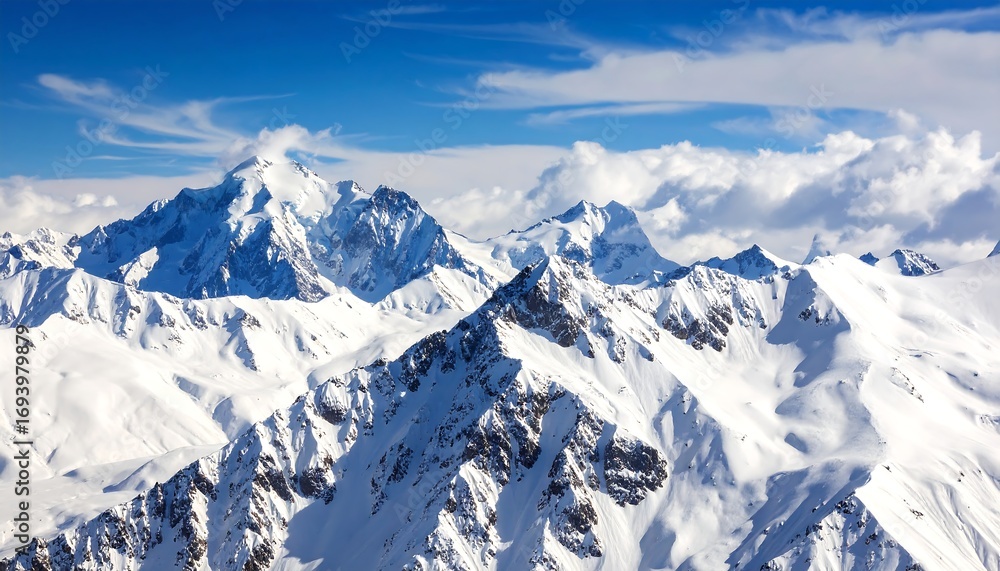 Naklejka premium Snowy mountain peaks under a vibrant blue sky (4)