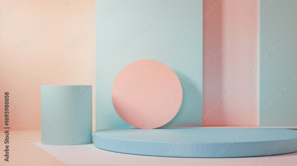 Fototapeta premium A blue and pink geometric abstract background with a blue and pink cylinder and a pink and blue circle.
