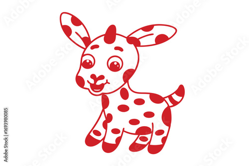 Happy red spotted baby goat cartoon smiles on a white background